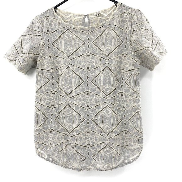 J. Crew Tops - J.Crew Gray Ivory Eyelet Blouse Keyhole Cotton Size Small